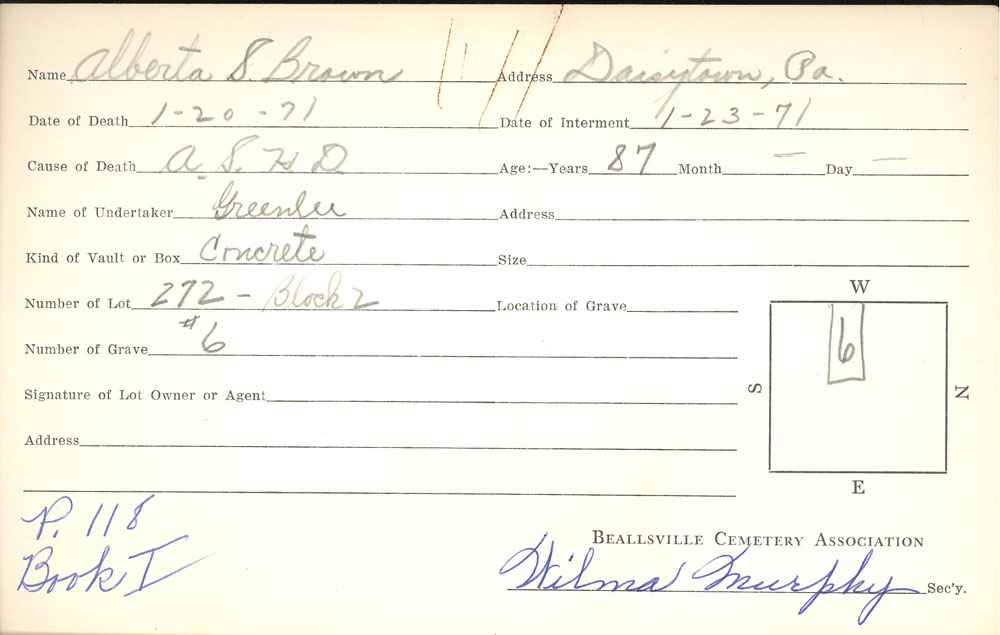 Alberta V. Brown burial card